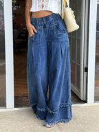 CHOUYATOU Women's Frayed Fringe Wide Leg Jeans Pleated Baggy Denim Pants | Elastic Waistband, Fringed Tassel Hem, Elegant Pleats, Baggy Loose Fit, With Pockets, Jeans For Women Fringe Bottom