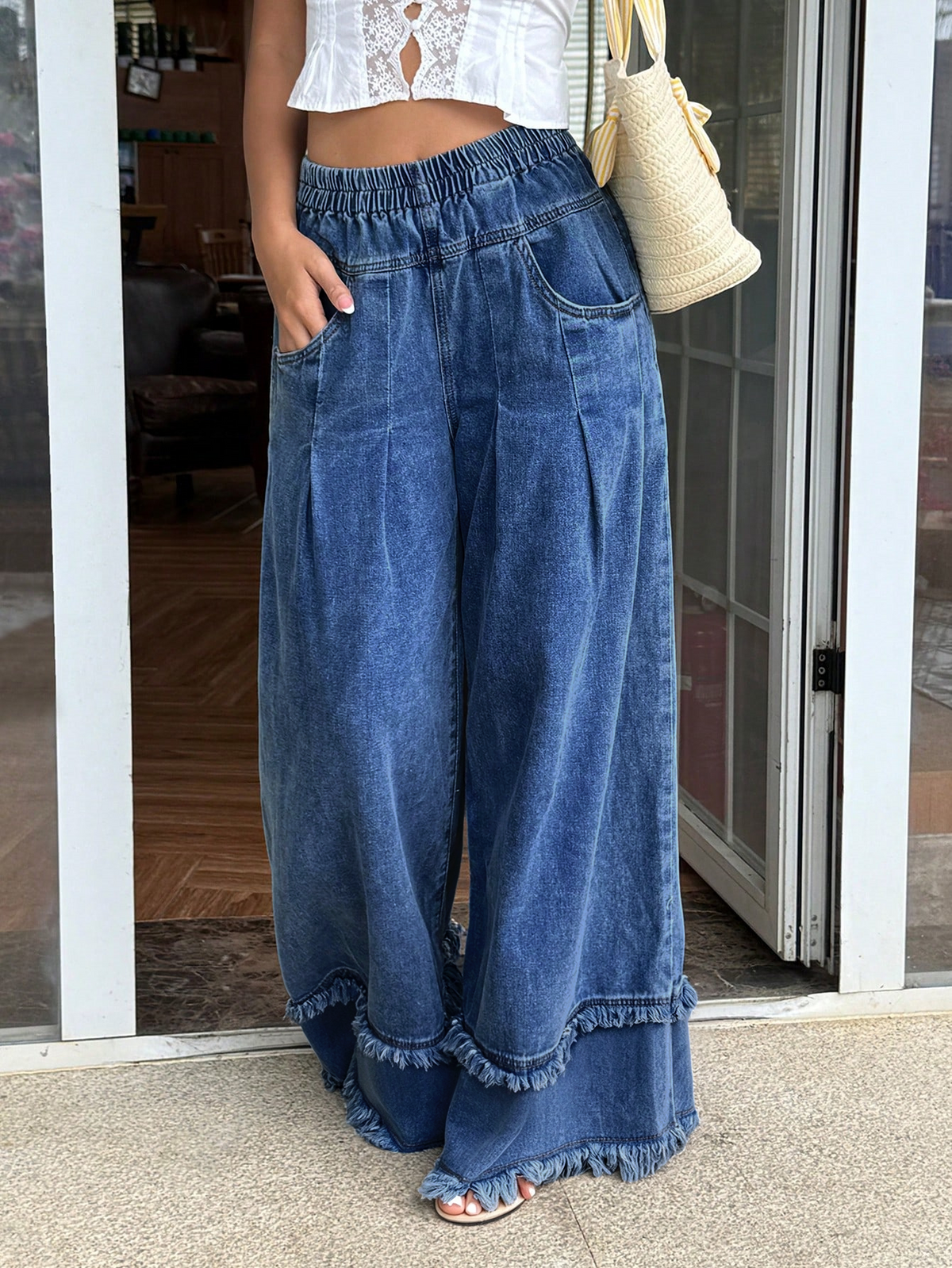 CHOUYATOU Women's Frayed Fringe Wide Leg Jeans Pleated Baggy Denim Pants | Elastic Waistband, Fringed Tassel Hem, Elegant Pleats, Baggy Loose Fit, With Pockets, Jeans For Women Fringe Bottom