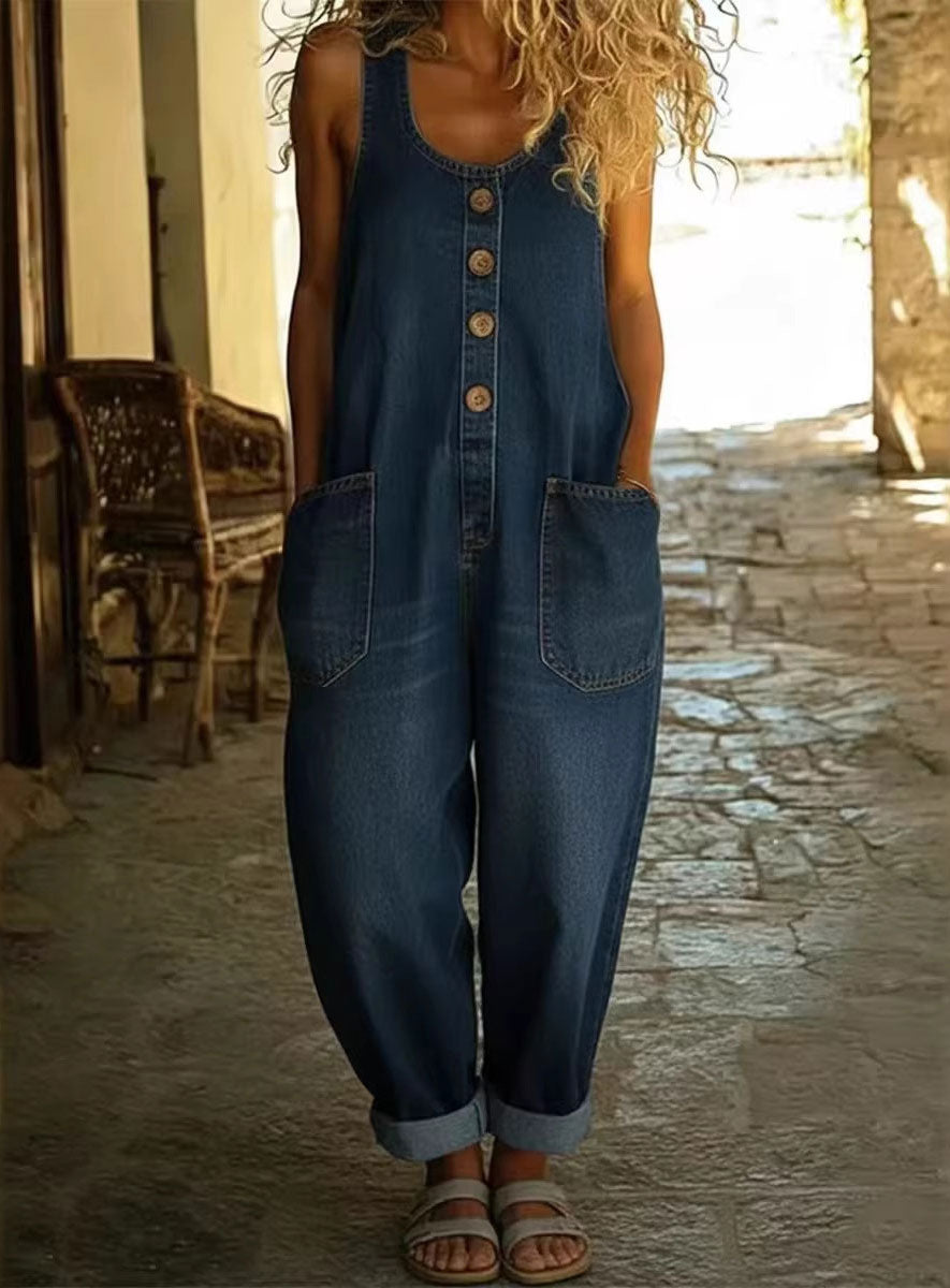 CHOUYATOU Women's Suspender Strap Loose Denim Bib Overalls Y2k Baggy Distressed Jeans Wide Leg Jumpsuit Pants