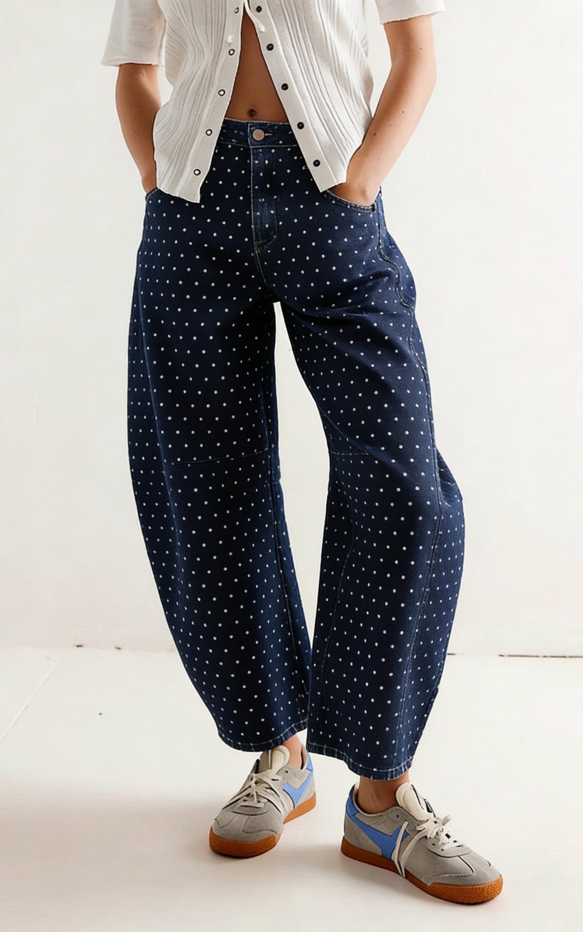 CHOUYATOU Women Baggy Polka Dot Barrel Jeans Y2K Floral Print Wide Leg Jeans Boyfriend Denim Ankle Pants