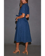 Chouyatou Women Summer Belted Button Down Denim Shirt Dress Business Casual Short Sleeve Jean Shirt Dress