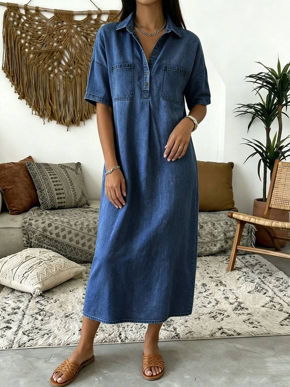 Chouyatou Women's Distressed Button Up Denim Polo Shirt Dress Short Sleeve Casual Loose Pleated Jean Midi Long Dress