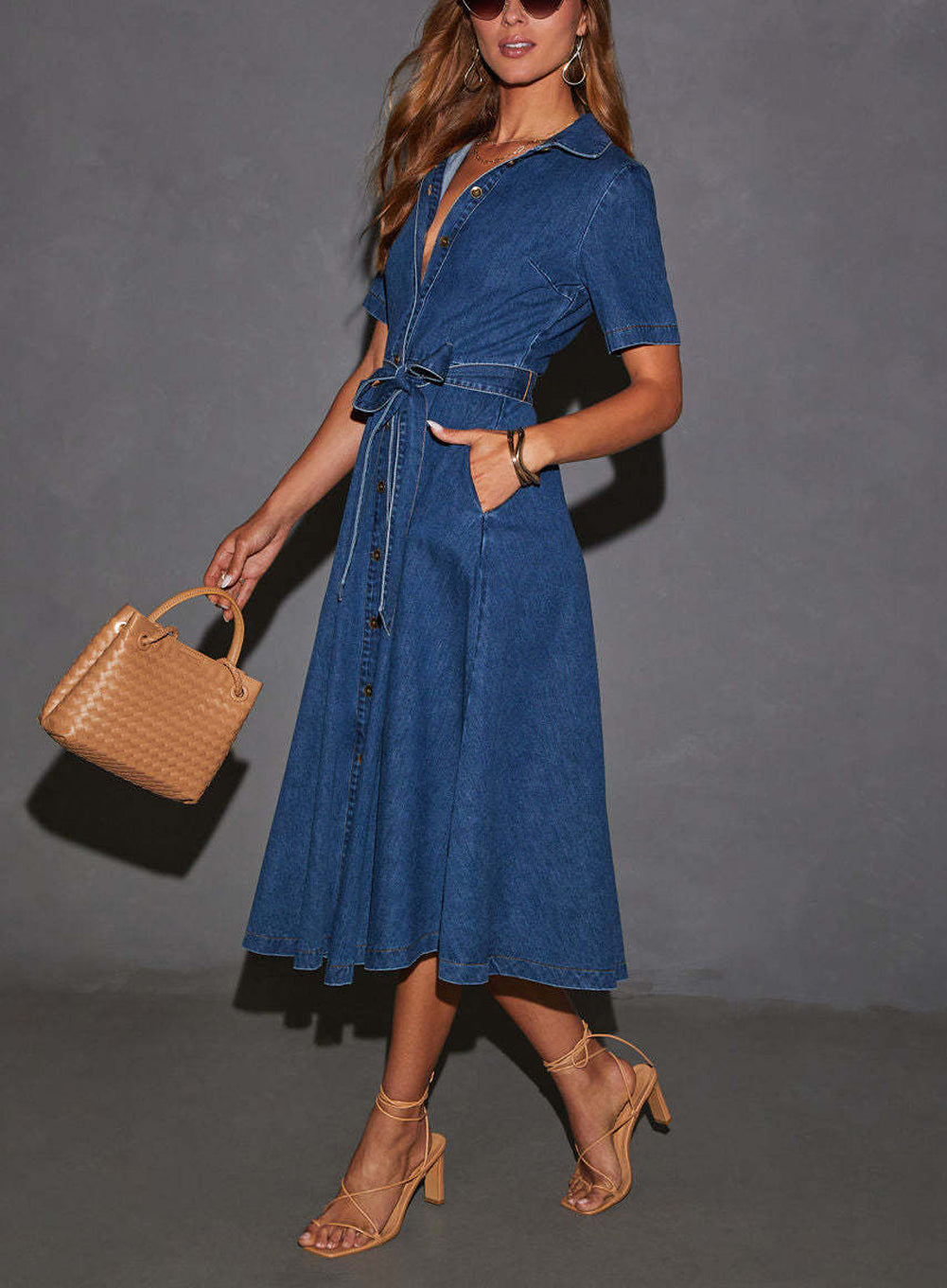 Chouyatou Women Summer Belted Button Down Denim Shirt Dress Business C CHOUYATOU Chouyatou Women Summer Belted Button Down Denim Shirt Dress Business C CHOUYATOU