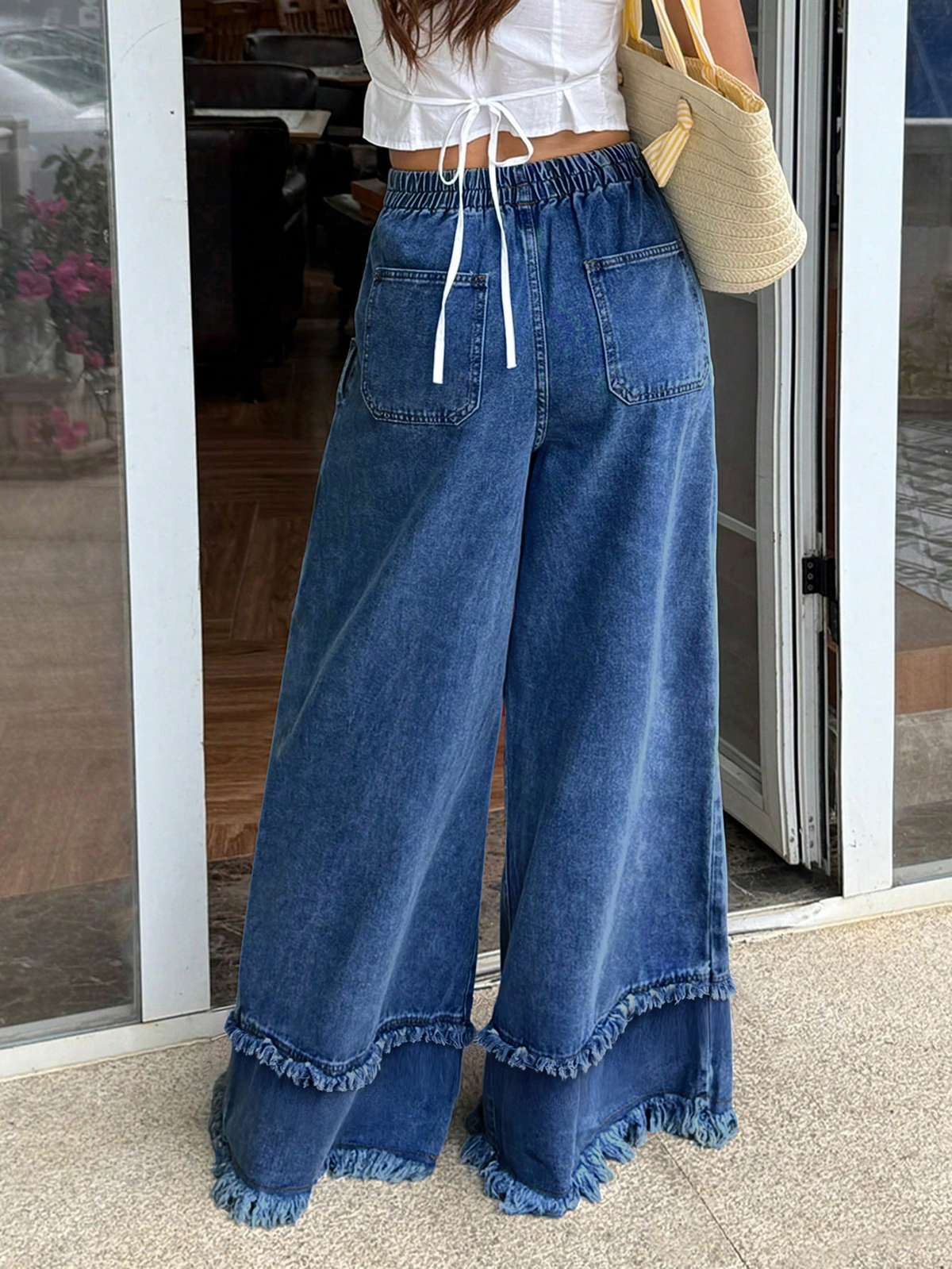 CHOUYATOU Women's Frayed Fringe Wide Leg Jeans Pleated Baggy Denim Pants | Elastic Waistband, Fringed Tassel Hem, Elegant Pleats, Baggy Loose Fit, With Pockets, Jeans For Women Fringe Bottom