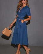 Chouyatou Women Summer Belted Button Down Denim Shirt Dress Business Casual Short Sleeve Jean Shirt Dress