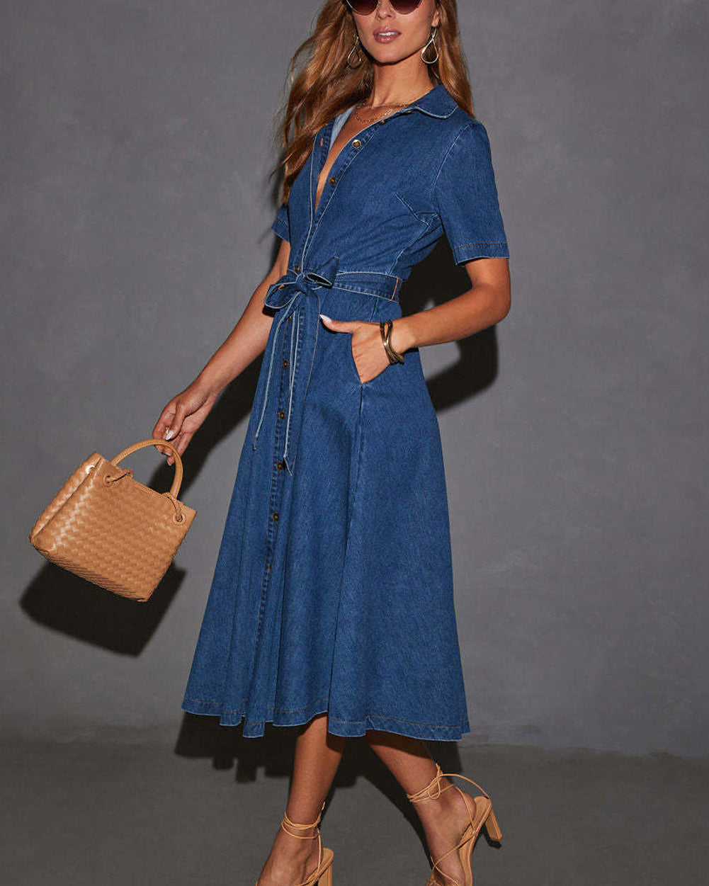 Chouyatou Women Summer Belted Button Down Denim Shirt Dress Business Casual Short Sleeve Jean Shirt Dress