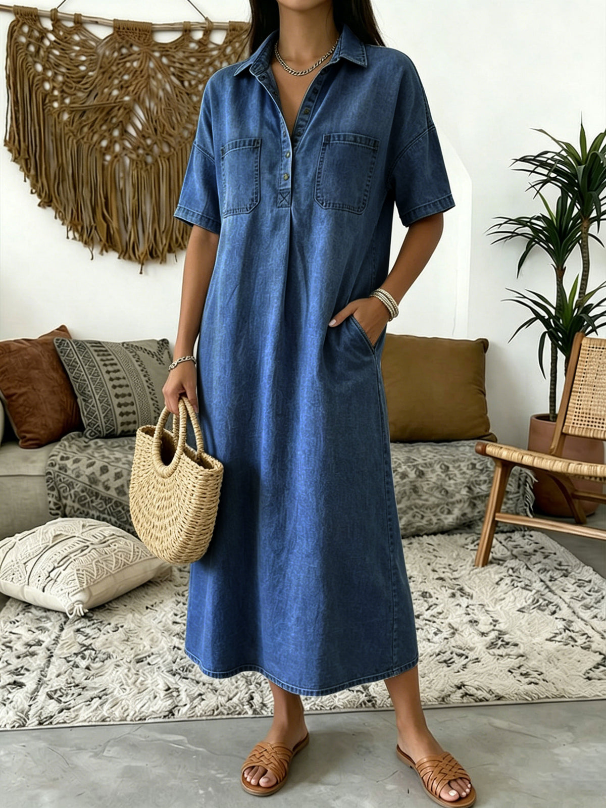 Chouyatou Women's Distressed Button Up Denim Polo Shirt Dress Short Sleeve Casual Loose Pleated Jean Midi Long Dress