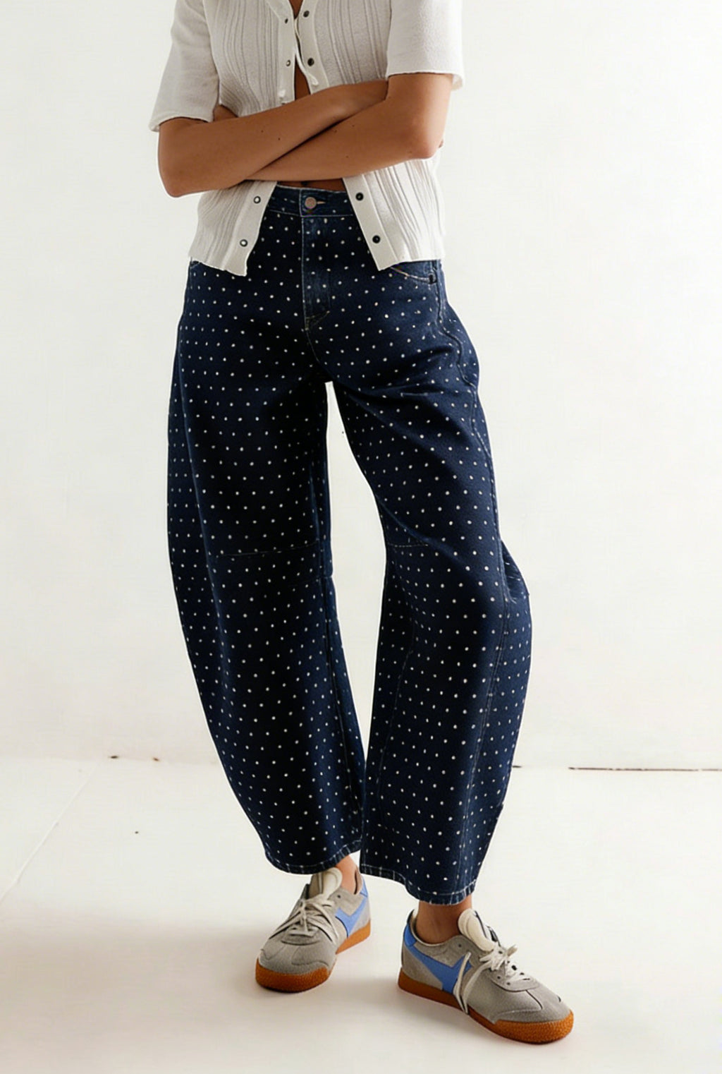 CHOUYATOU Women Baggy Polka Dot Barrel Jeans Y2K Floral Print Wide Leg Jeans Boyfriend Denim Ankle Pants