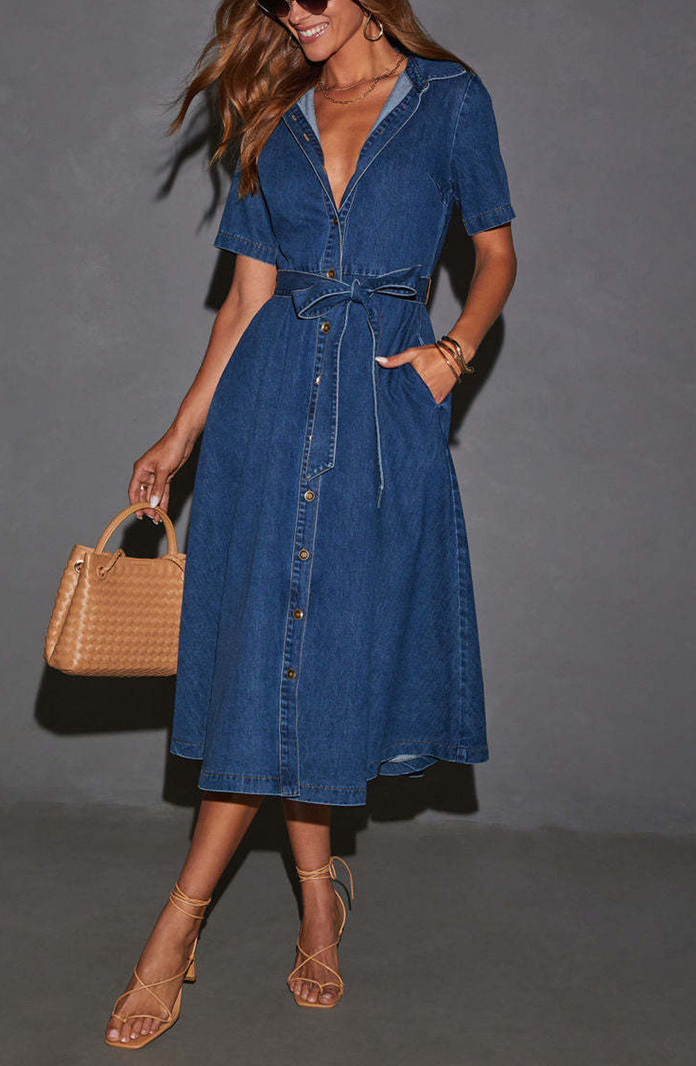 Chouyatou Women Summer Belted Button Down Denim Shirt Dress Business C – CHOUYATOU Chouyatou Women Summer Belted Button Down Denim Shirt Dress Business C – CHOUYATOU