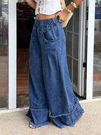 CHOUYATOU Women's Frayed Fringe Wide Leg Jeans Pleated Baggy Denim Pants | Elastic Waistband, Fringed Tassel Hem, Elegant Pleats, Baggy Loose Fit, With Pockets, Jeans For Women Fringe Bottom