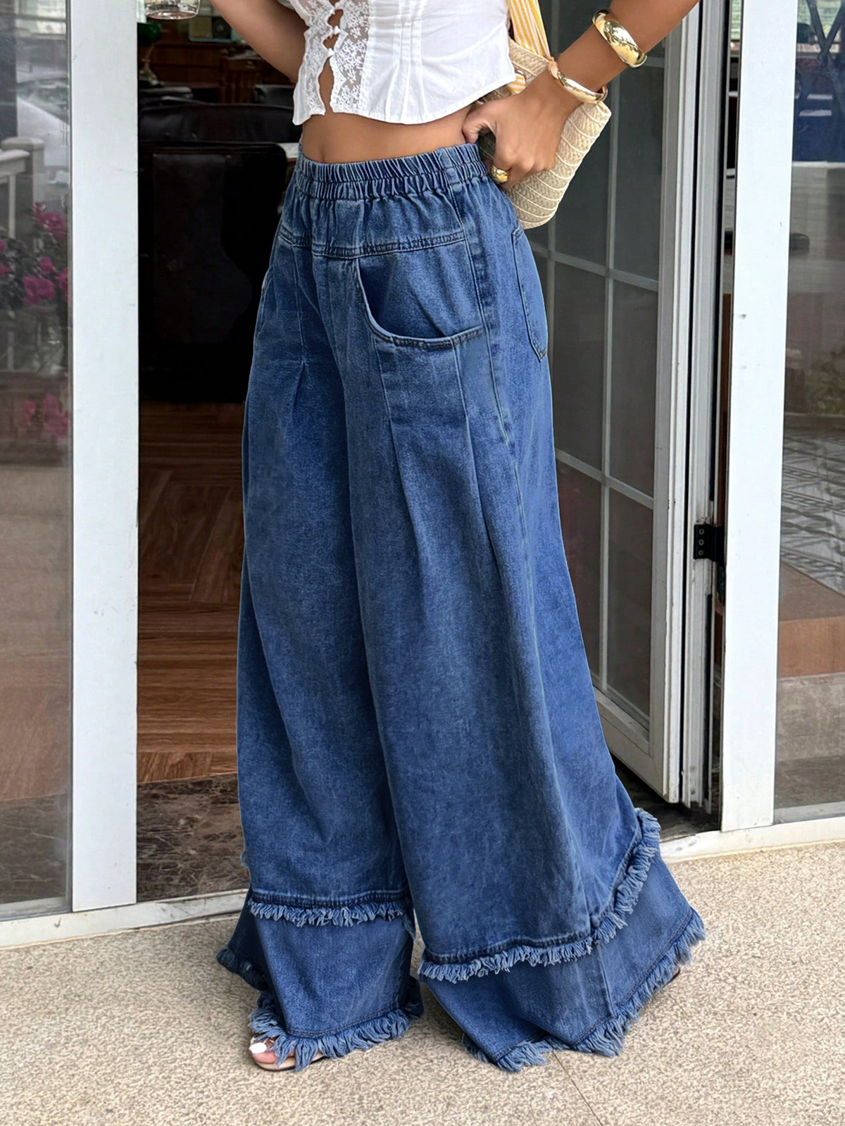 CHOUYATOU Women's Frayed Fringe Wide Leg Jeans Pleated Baggy Denim Pants | Elastic Waistband, Fringed Tassel Hem, Elegant Pleats, Baggy Loose Fit, With Pockets, Jeans For Women Fringe Bottom