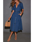 Chouyatou Women Summer Belted Button Down Denim Shirt Dress Business Casual Short Sleeve Jean Shirt Dress
