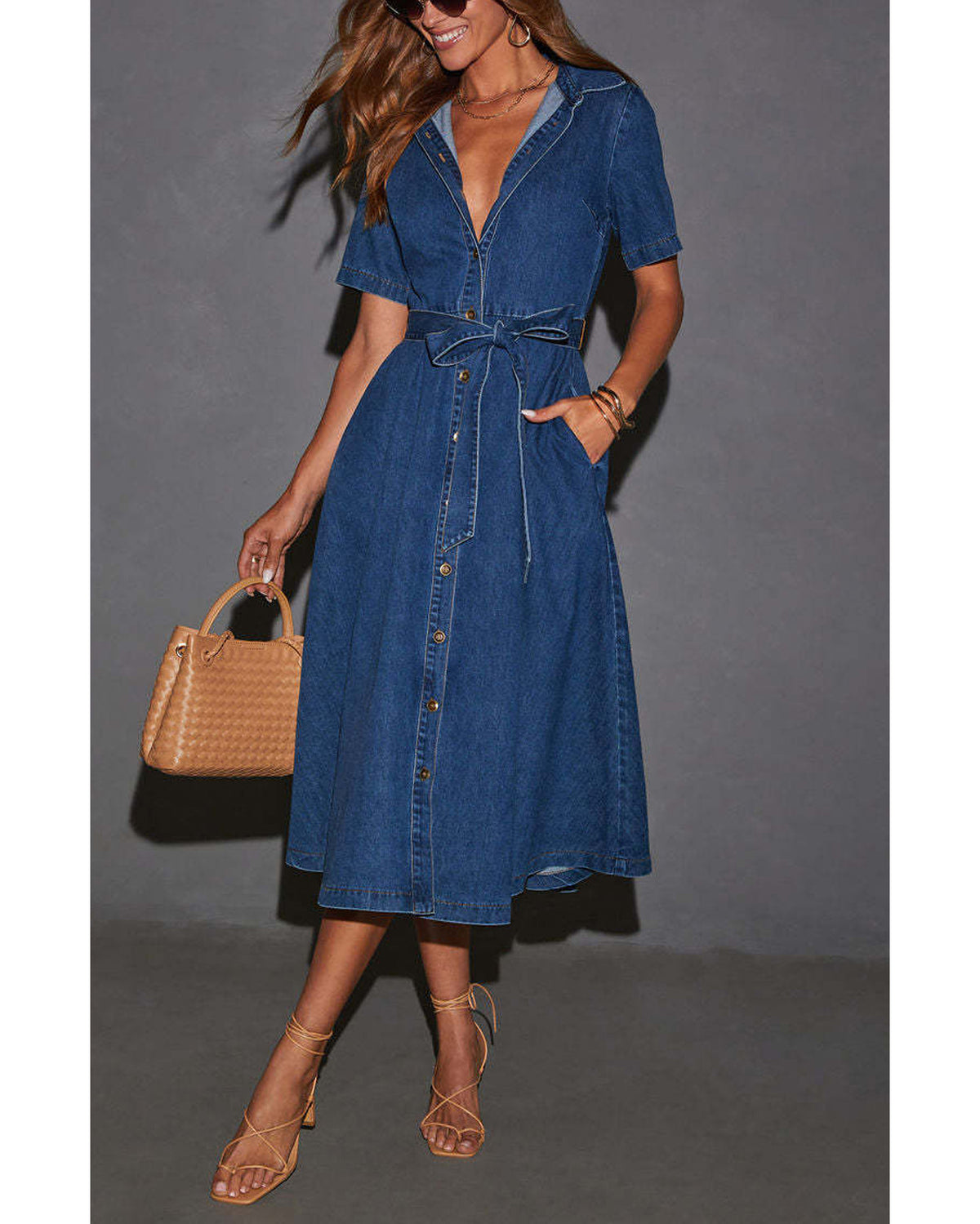 Chouyatou Women Summer Belted Button Down Denim Shirt Dress Business Casual Short Sleeve Jean Shirt Dress