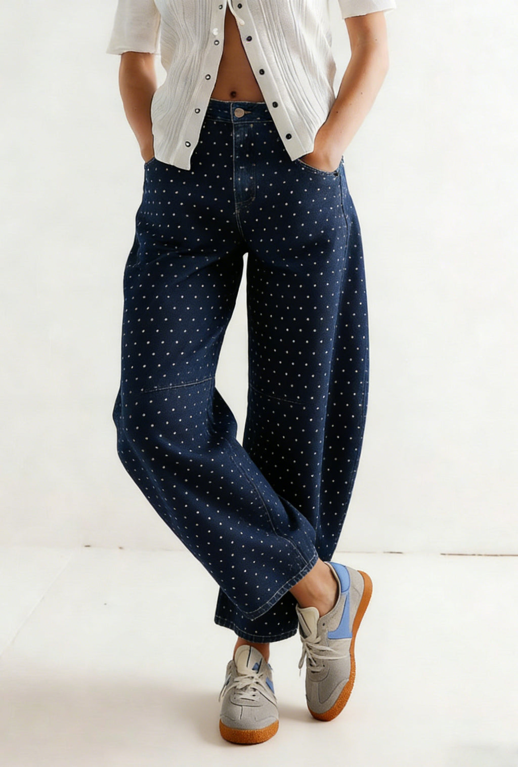 CHOUYATOU Women Baggy Polka Dot Barrel Jeans Y2K Floral Print Wide Leg Jeans Boyfriend Denim Ankle Pants
