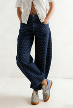 CHOUYATOU Women Baggy Polka Dot Barrel Jeans Y2K Floral Print Wide Leg Jeans Boyfriend Denim Ankle Pants