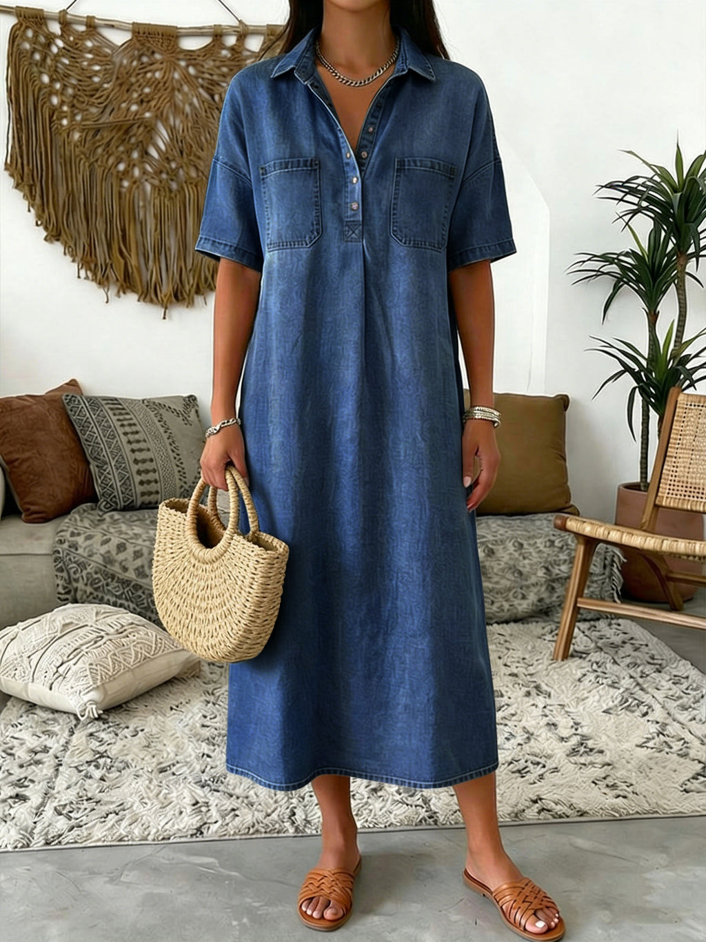 Chouyatou Women's Distressed Button Up Denim Polo Shirt Dress Short Sleeve Casual Loose Pleated Jean Midi Long Dress