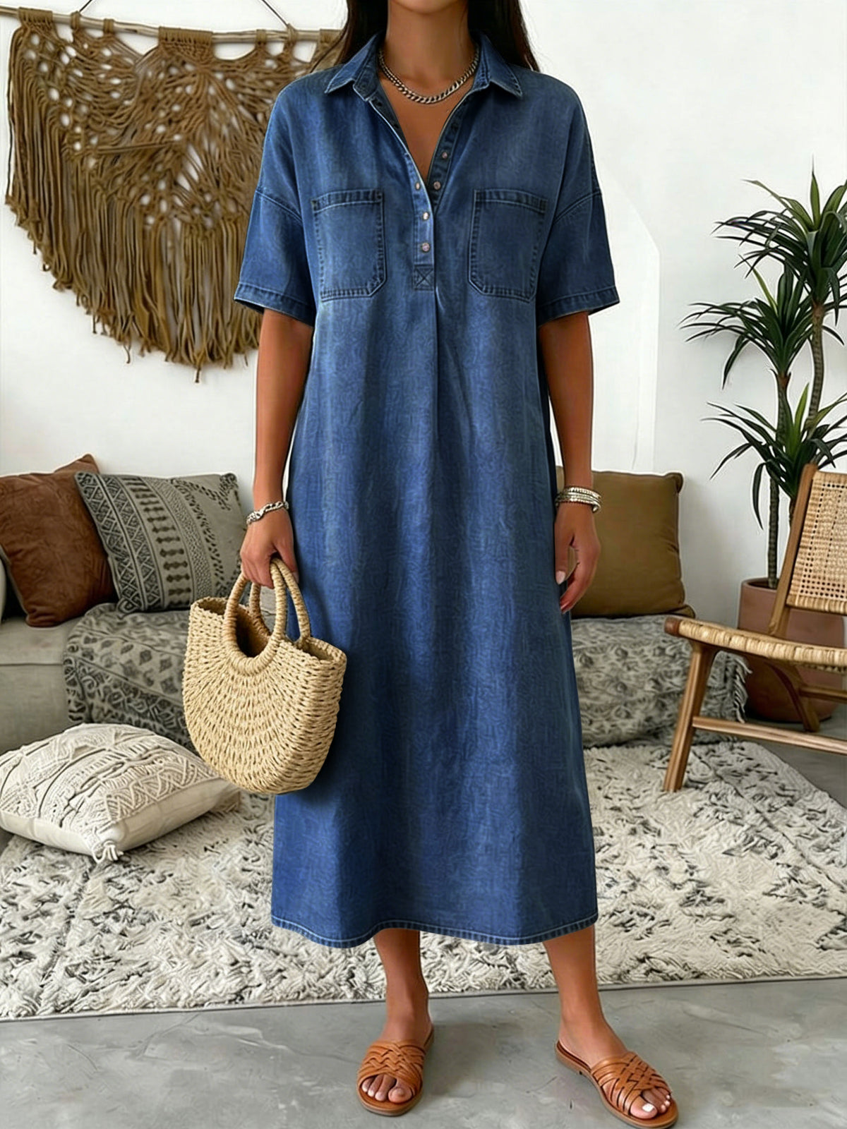 Chouyatou Women's Distressed Button Up Denim Polo Shirt Dress Short Sleeve Casual Loose Pleated Jean Midi Long Dress