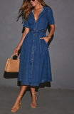 Chouyatou Women Summer Belted Button Down Denim Shirt Dress Business Casual Short Sleeve Jean Shirt Dress