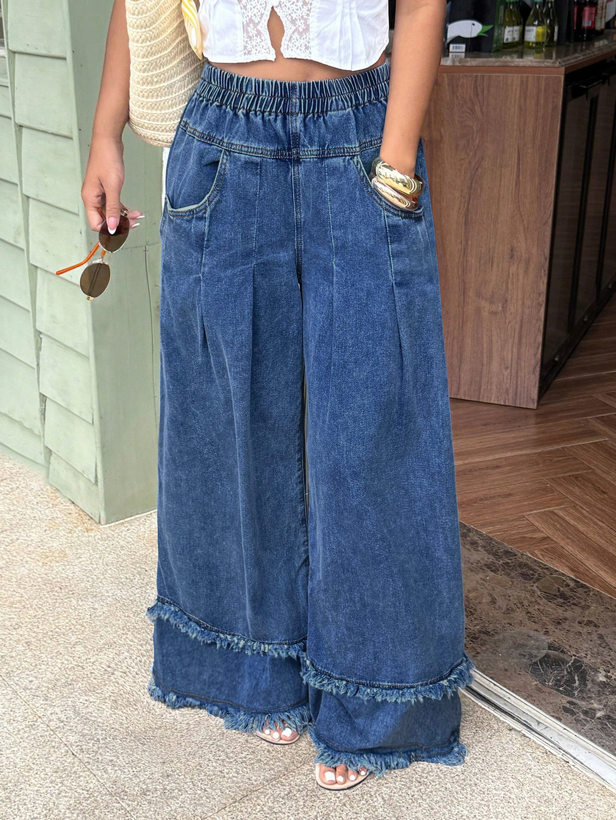 CHOUYATOU Women's Frayed Fringe Wide Leg Jeans Pleated Baggy Denim Pants | Elastic Waistband, Fringed Tassel Hem, Elegant Pleats, Baggy Loose Fit, With Pockets, Jeans For Women Fringe Bottom