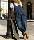 CHOUYATOU Women's Suspender Strap Loose Denim Bib Overalls Y2k Baggy Distressed Jeans Wide Leg Jumpsuit Pants