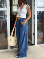 CHOUYATOU Women's Frayed Fringe Wide Leg Jeans Pleated Baggy Denim Pants | Elastic Waistband, Fringed Tassel Hem, Elegant Pleats, Baggy Loose Fit, With Pockets, Jeans For Women Fringe Bottom