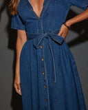 Chouyatou Women Summer Belted Button Down Denim Shirt Dress Business Casual Short Sleeve Jean Shirt Dress