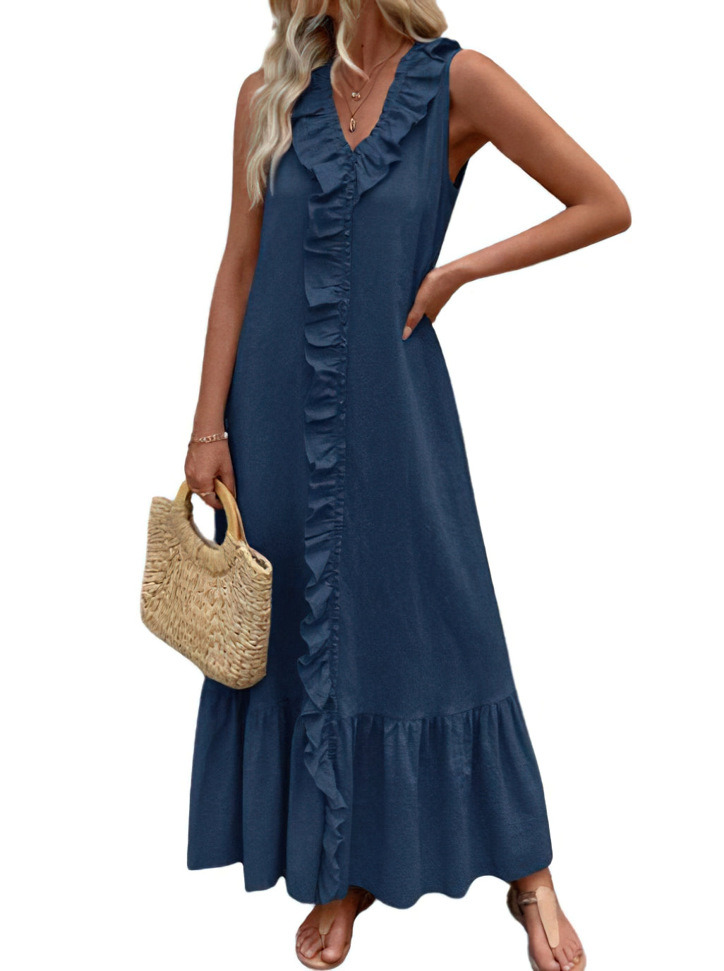 Chouyatou Women's Summer Beach Cotton Tank Dress Linen Boho Sleeveless Tiered Ruffle Maxi Long Sundress