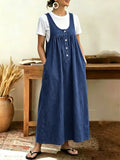 CHOUYATOU Women's Pullover Denim Overall Dress Mid Long Button Front Pinafore Bib Jean Dress With Pockets
