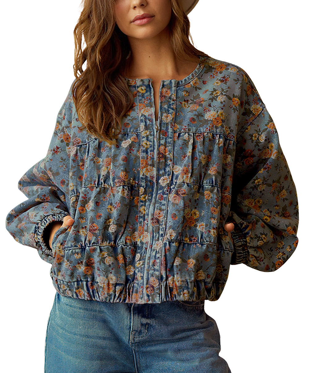 Chouyatou Women Spring Fall Oversized Jean Jacket Trendy Lightweight Y2K Floral Denim Bomber Jacket Coat