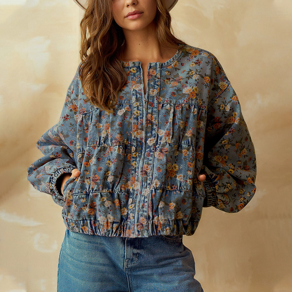 Chouyatou Women Spring Fall Oversized Jean Jacket Trendy Lightweight Y2K Floral Denim Bomber Jacket Coat