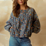 CHOUYATOU Women Spring Fall Oversized Jean Jacket Trendy Lightweight Y2K Floral Denim Bomber Jacket Coat