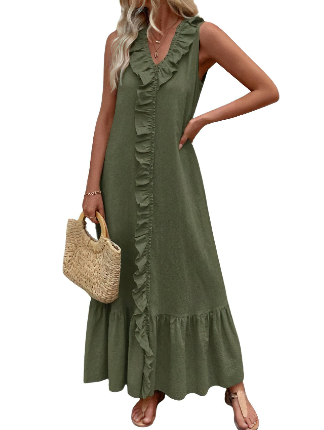 Chouyatou Women's Summer Beach Cotton Tank Dress Linen Boho Sleeveless Tiered Ruffle Maxi Long Sundress