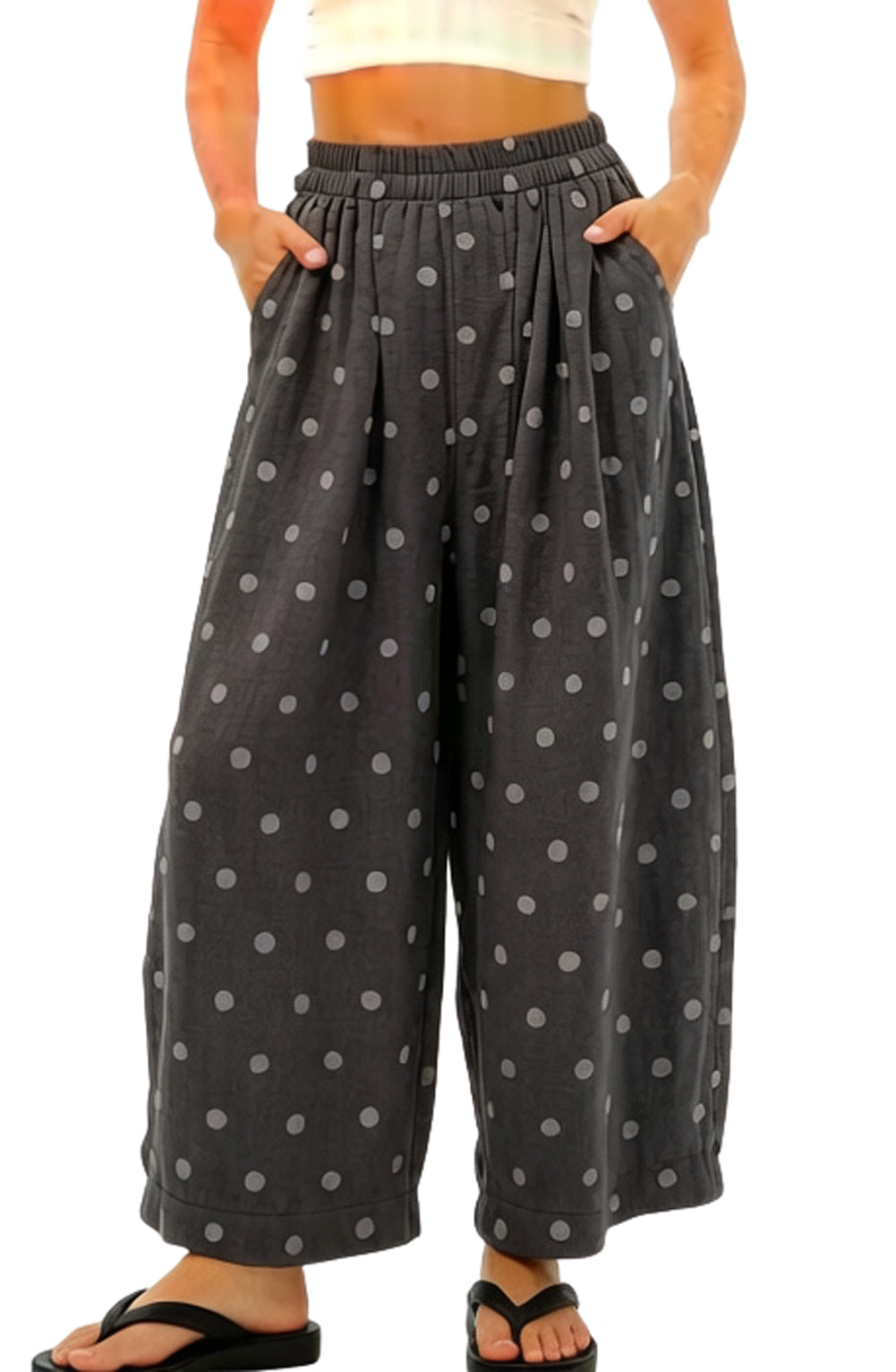 CHOUYATOU Women Summer Boho Cotton Linen Polka Dot Pants Beach Elastic Waist Palazzo Wide Leg Barrel Pants