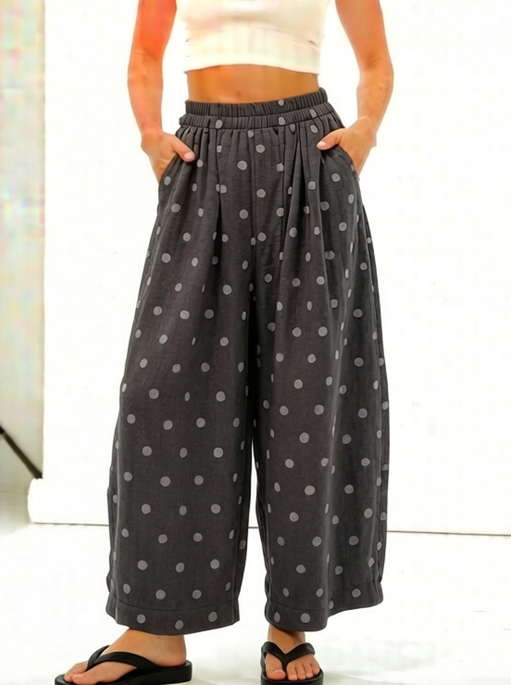 CHOUYATOU Women Summer Boho Cotton Linen Polka Dot Pants Beach Elastic Waist Palazzo Wide Leg Barrel Pants