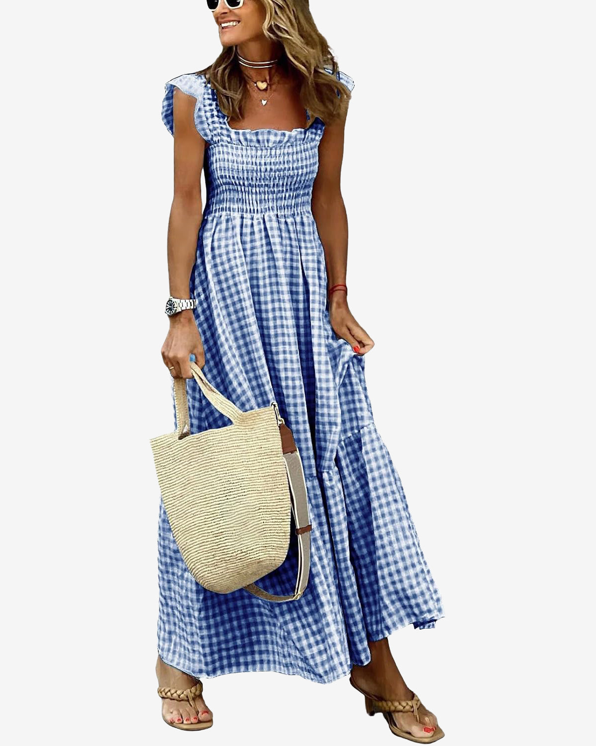 Chouyatou Women's Retro Plaid Smocked Dress Spaghetti Strap Flounce Long Dress