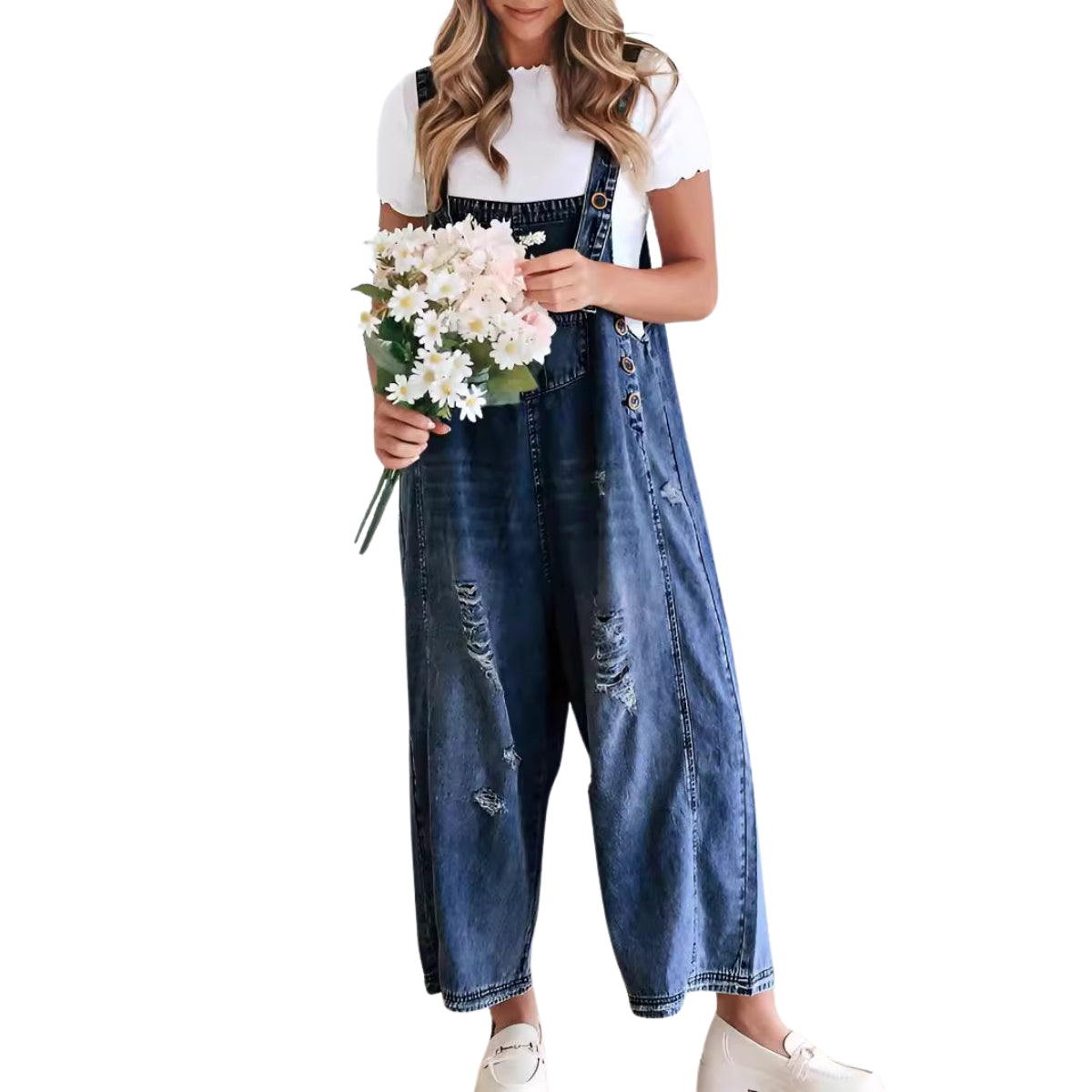 Chouyatou Women Loose Adjustable Strap Denim Bib Overall Jeans Distressed Wide Leg Baggy Overalls Jumpsuit