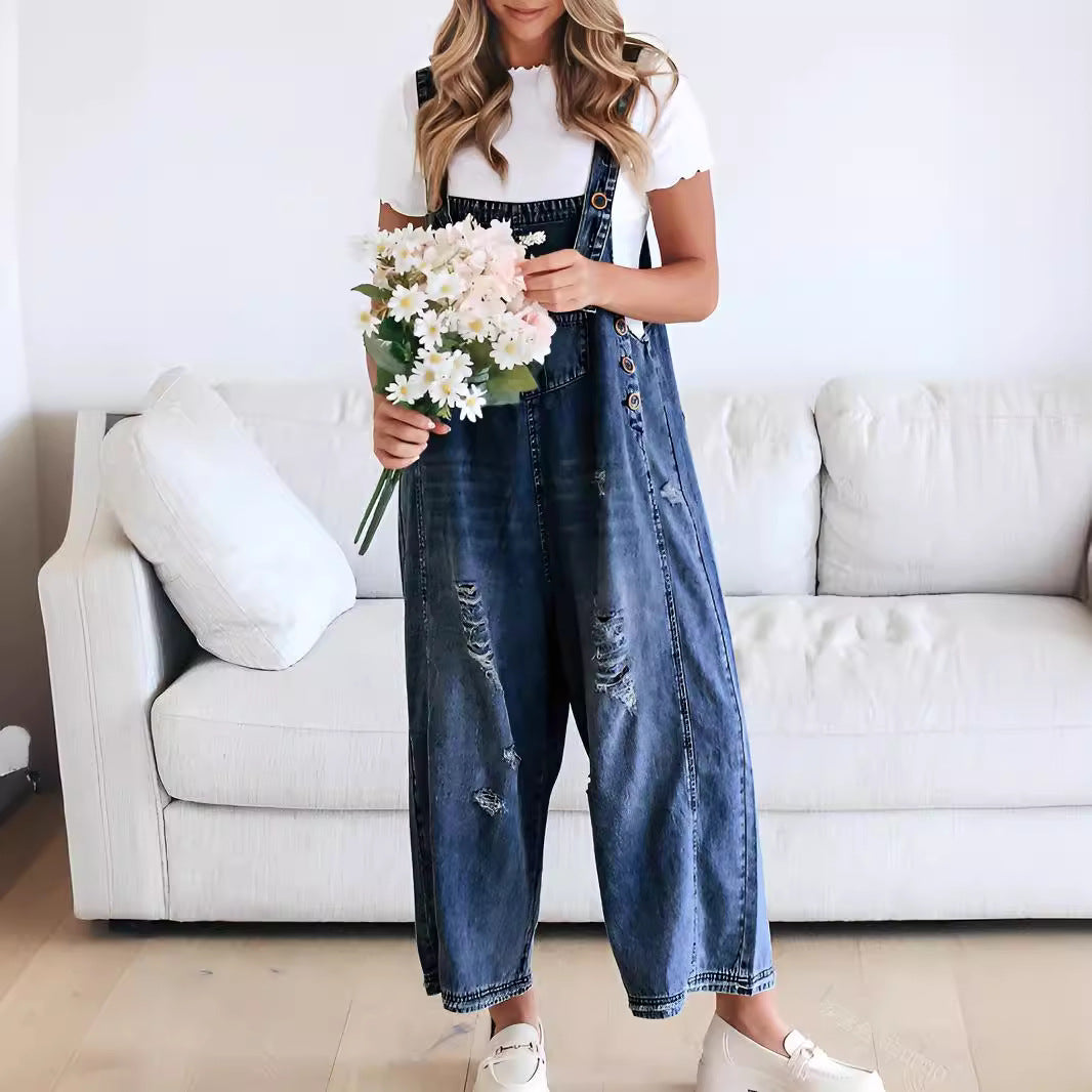 Chouyatou Women Loose Adjustable Strap Denim Bib Overall Jeans Distressed Wide Leg Baggy Overalls Jumpsuit