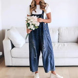 chouyatou Women Loose Adjustable Strap Denim Bib Overall Jeans Distressed Wide Leg Baggy Overalls Jumpsuit