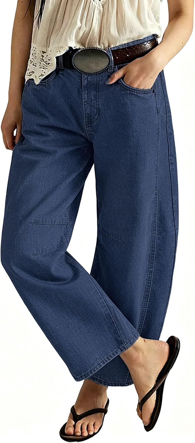 Chouyatou Women Casual Wide Leg Mid Rise Jeans Baggy Barrel Jeans Denim Pull On Pants Sweatpants Y2k Boyfriend Boho Ankle Pant