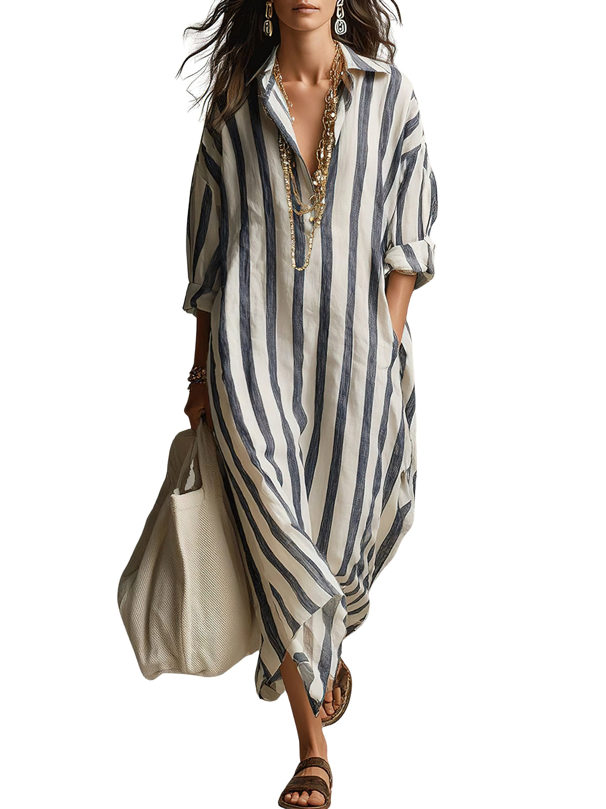 Chouyatou Womens Summer Boho Striped Cotton Dress Long Sleeve Lapel Collar Beach Shirt Dress with pockets