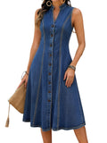 CHOUYATOU Women's Sleeveless Denim Tank Dress V Neck Button Front A Line Midi Jean Sundress with Pockets
