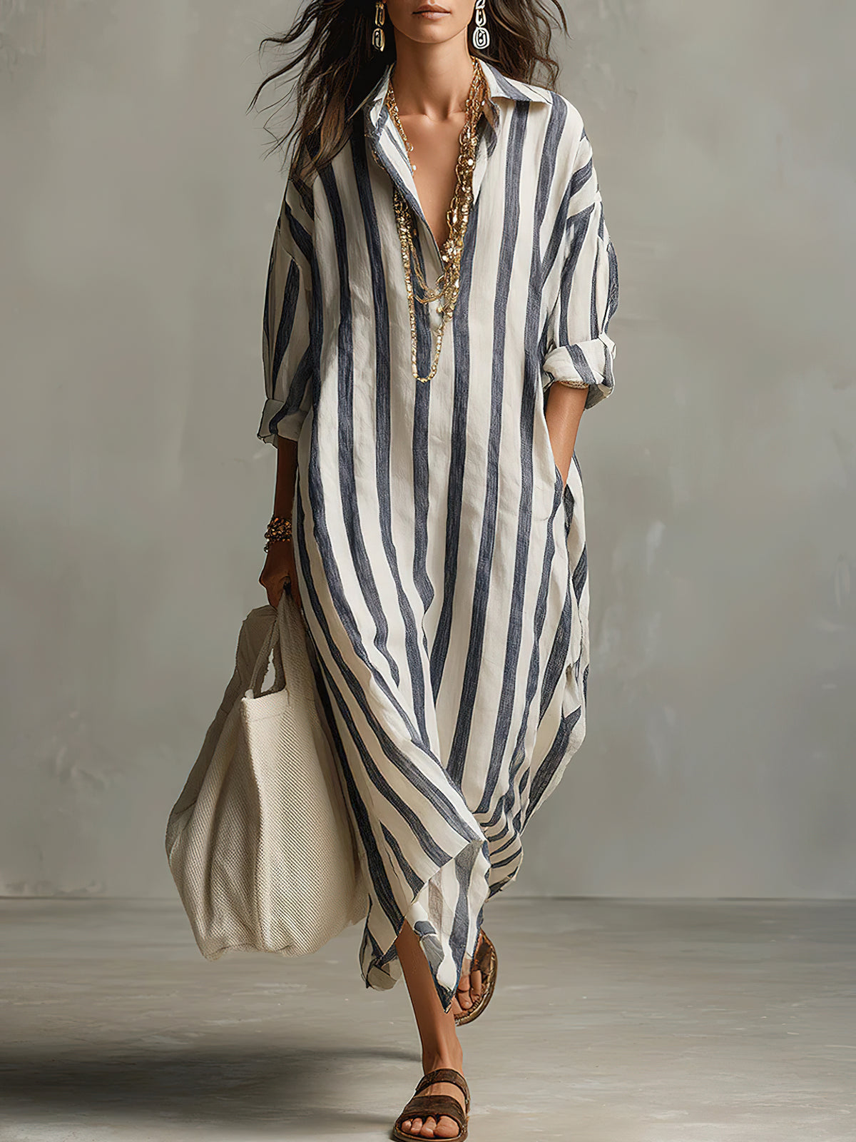 Chouyatou Womens Summer Boho Striped Cotton Dress Long Sleeve Lapel Collar Beach Shirt Dress with pockets