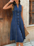 CHOUYATOU Women's Sleeveless Denim Tank Dress V Neck Button Front A Line Midi Jean Sundress with Pockets