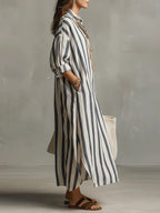 Chouyatou Womens Summer Boho Striped Cotton Dress Long Sleeve Lapel Collar Beach Shirt Dress with pockets
