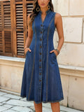 CHOUYATOU Women's Sleeveless Denim Tank Dress V Neck Button Front A Line Midi Jean Sundress with Pockets