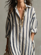 Chouyatou Womens Summer Boho Striped Cotton Dress Long Sleeve Lapel Collar Beach Shirt Dress with pockets