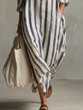 CHOUYATOU Womens Summer Boho Striped Cotton Dress Long Sleeve Lapel Collar Beach Shirt Dress with pockets