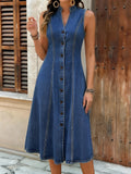 CHOUYATOU Women's Sleeveless Denim Tank Dress V Neck Button Front A Line Midi Jean Sundress with Pockets