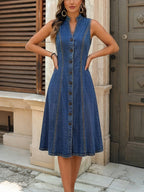 Chouyatou Women's Sleeveless Denim Tank Dress V Neck Button Front A Line Midi Jean Sundress with Pockets