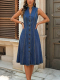 CHOUYATOU Women's Sleeveless Denim Tank Dress V Neck Button Front A Line Midi Jean Sundress with Pockets